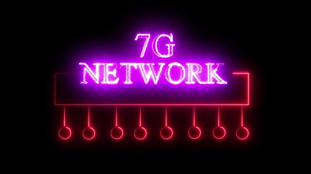  Glowing 7G text. 7G technology Cellular Network Animation. 7G High speed network communication technology animation on black background.