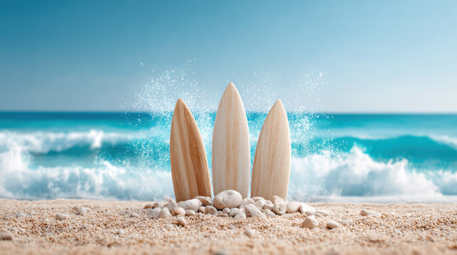 Wooden surfboard standing on sandy beach with white stones and ocean waves splashing under clear blue sky