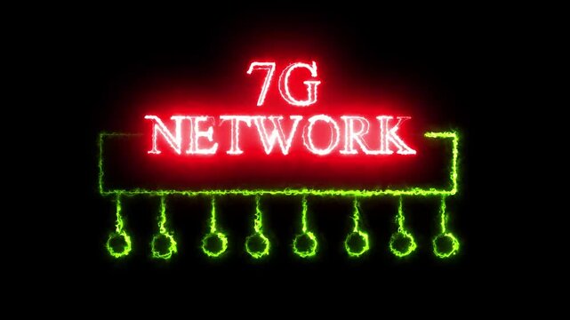  Glowing 7G text. 7G technology Cellular Network Animation. 7G High speed network communication technology animation on black background.