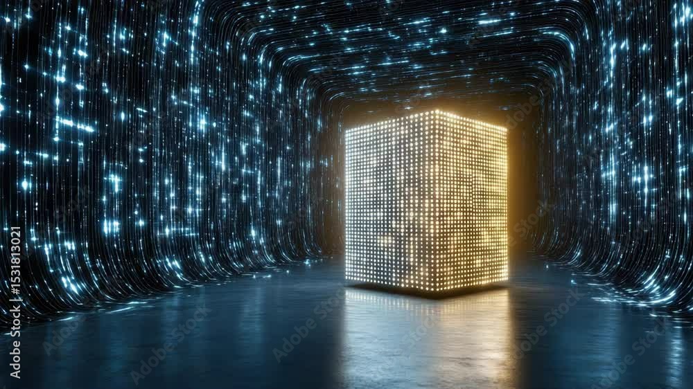 Poster glowing cube in futuristic space with shimmering lights and reflections of technology