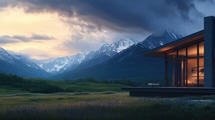 Modern Mountain Cabin with Stunning Landscape at Sunset