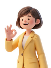 3D cartoon woman in yellow blazer smiling and showing OK gesture with hand, confident positive pose isolated on white