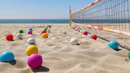 Beach volleyball in action, with teams competing for victory as the sun shines down.