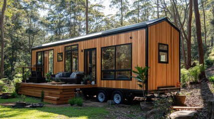 Modern Tiny House with Wood Exterior Surrounded by Lush Nature