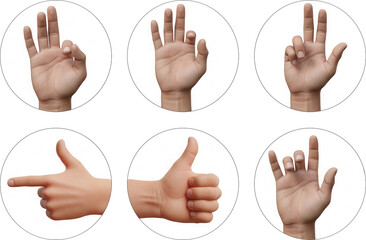 Realistic hand gestures set. Different messages or silent communication through gestures. White background.