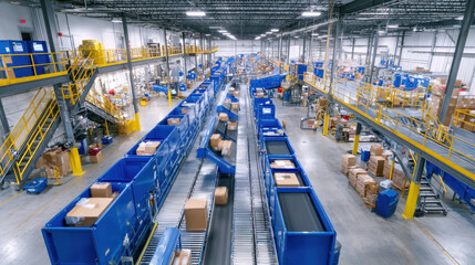 Automated sorting line in large warehouse rapidly moves cardboard boxes for efficient packaging and distribution in bright industrial setting