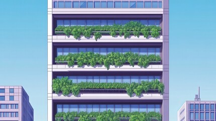 Modern Urban Building with Lush Greenery and Blue Sky Background