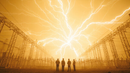 Electric storm with lightning bolts striking over power station with workers observing intense energy display in dramatic scene