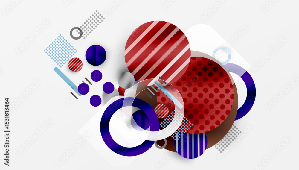 Poster Abstract geometric shapes overlap. Red, blue, purple hues dominate composition. Modern design elements create dynamic visual effect.