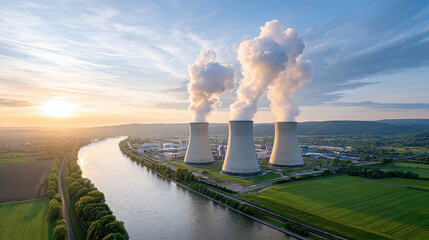 Nuclear power plant with cooling towers emitting steam near river and green fields under bright sky at sunset