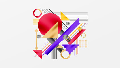 Abstract composition. Geometric shapes overlap, creating dynamic visual experience. Lines, circles, triangles dominate design.