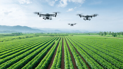 Drones flying over green agricultural field with mountains in background under blue sky, showing smart farming technology
