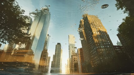 Reflections of Urban Skyline in Water After Rainfall at Sunset