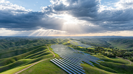 Solar farm on rolling green hills under dramatic cloudy sky with sun rays shining through, creating peaceful and inspiring landscape