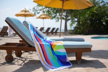 Lounge chair on the beach with a bi-cony towel laid out, waiting for someone to relax in the shade.