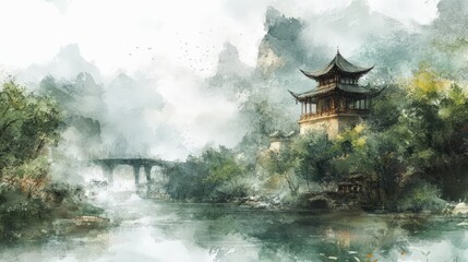 Serene Misty Landscape with Traditional Pavilion and River Reflection