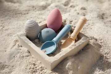 Bi-cony sand toy set for kids at the beach, complete with buckets, shovels, and toys for fun.