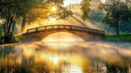 Serene Sunrise Over Tranquil River with Bridge and Misty Landscape
