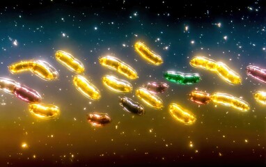 Colorful capsule-shaped objects float in space