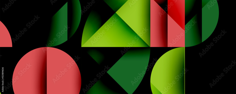 Poster Abstract geometric composition. Red, green shapes overlap creating dynamic visual effect. Minimalist design, modern aesthetic.