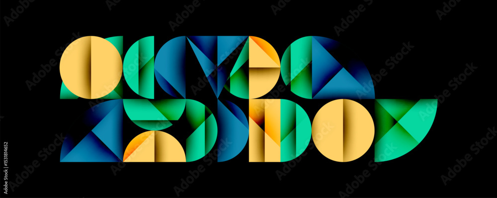 Aufkleber abstract geometric shapes form colorful text. vivid blues, greens, yellows create dynamic visual imp