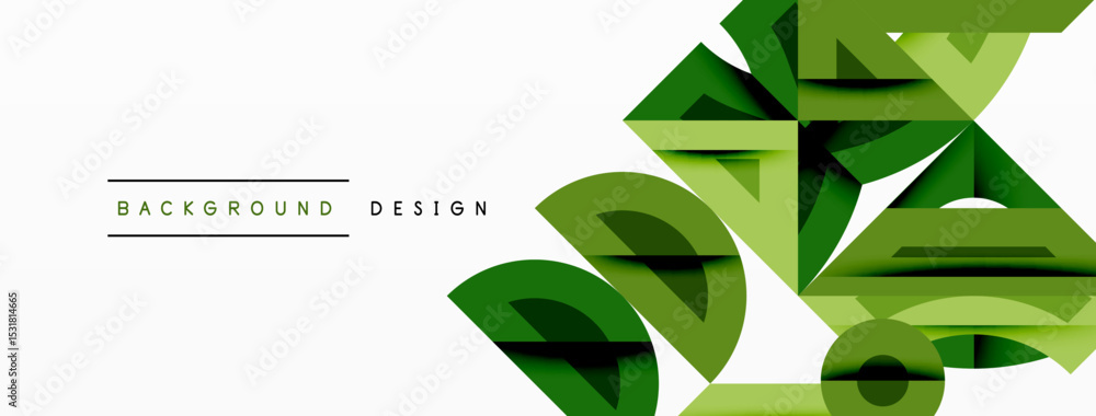 Poster Abstract geometric shapes, green hues, modern design. Background features layered polygons, creating dynamic visual effect. Minimalist aesthetic.