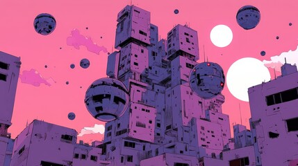 Surreal Cityscape with Floating Spheres and Pink Sky at Dusk