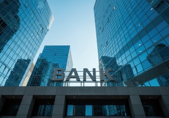 Naklejka premium A bank sign is displayed on a building between two modern skyscrapers