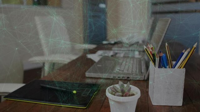 Network overlay pulsing and fading over table on start, tools emerging to reveal workspace