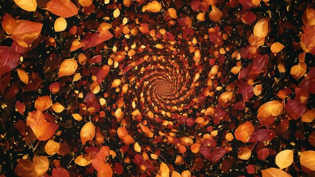 Spiral tunnel of autumn leaves falling in mesmerizing infinite loop. Perfect for seasonal backgrounds, nature visuals, and relaxing animations.

