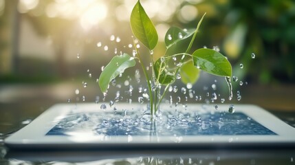 A series of water conservation tips displayed on a digital tablet, emphasizing everyday actions on World Water Day, on blur background