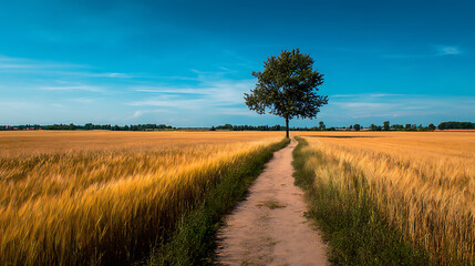 Fototapeta premium Solitary Tree in a Golden Wheat Field under a Blue Summer Sky