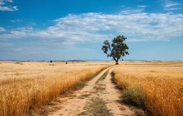 Fototapeta premium Solitary Tree in Golden Wheat Field Under Blue Sky
