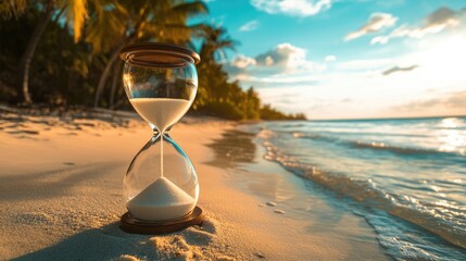 Hourglass on the tropical sandy beach with turquoise water and palm trees at the background at sunset