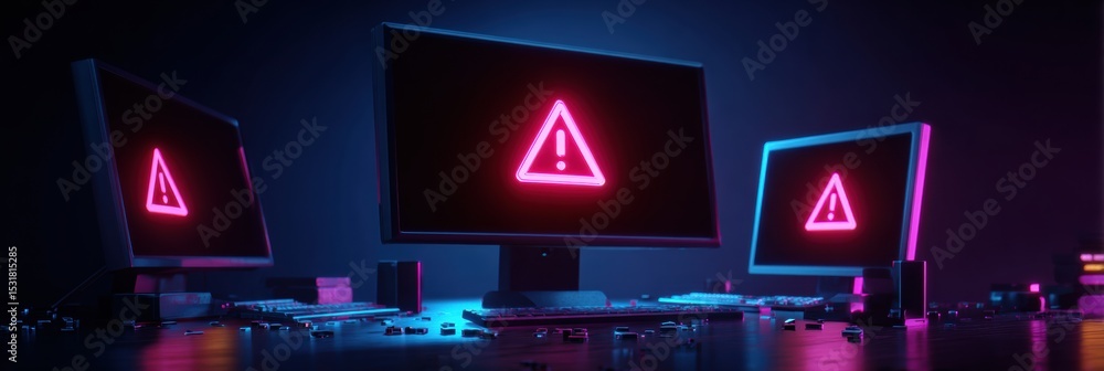 Poster Stacked Warning Popups on Hacked Desktop Setup Illuminated by Neon Lights in a Dark Environment