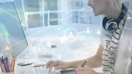 Designer tapping stylus on tablet initiating network map overlay showing user connections on screen - Powered by Adobe