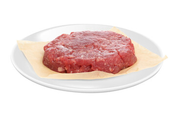 raw beef patty on white plate.