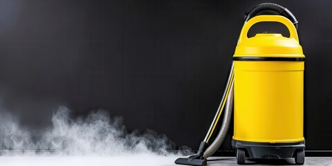 Bright Yellow Steam Cleaner with Vapor on Dark Background