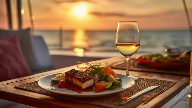 Romantic Dinner on a Yacht with Sunset View and Delicious Food and Wine