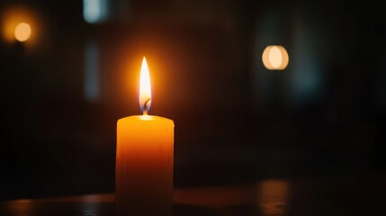 A single candle burning brightly in the middle of a dark, empty room, symbolizing hope and resilience, on blur background