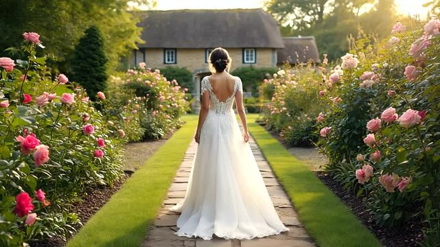 Bride walking through a rose garden towards a charming cottage at sunset