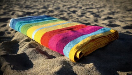 Vibrant striped beach towel spread out on the sand with a hat resting on top, waiting to relax.