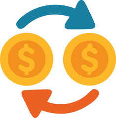 Icon Two coins with dollar signs are interchanged by blue and orange arrows, representing financial exchange and money transfers