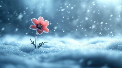 A single flower blooming in a field of snow, symbolizing growth and resilience in an unforgiving environment, 