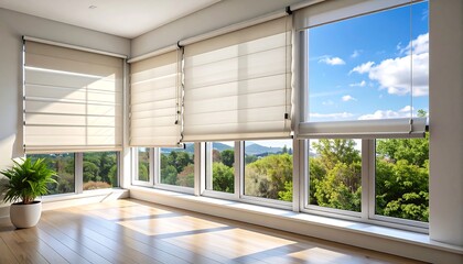 Fototapeta premium Modern room with large windows and blinds