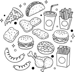 A hand-drawn collection of classic fast food favorites. This black and white line art illustration features pizza, burgers, fries, tacos, chicken nuggets, donuts, and soda in a fun, whimsical doodle.