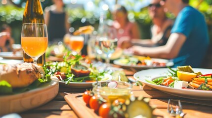 Sunny Outdoor Dining: Friends Gathering Around a Table
