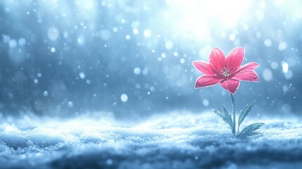 A single flower blooming in a field of snow, symbolizing growth and resilience in an unforgiving environment, 