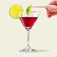 Hand Adding Lime to Crimson Cocktail in Martini Glass