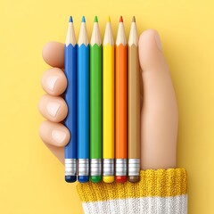 Hand Holding Colorful Pencils Against Yellow Background